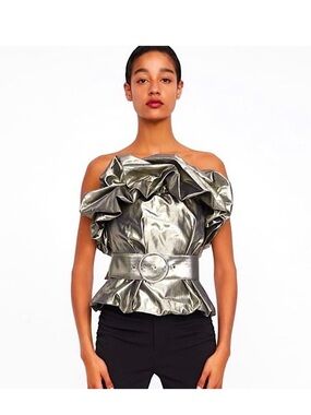 Zara Metallic Silver Off-the-Shoulder Ruffle Belted Top